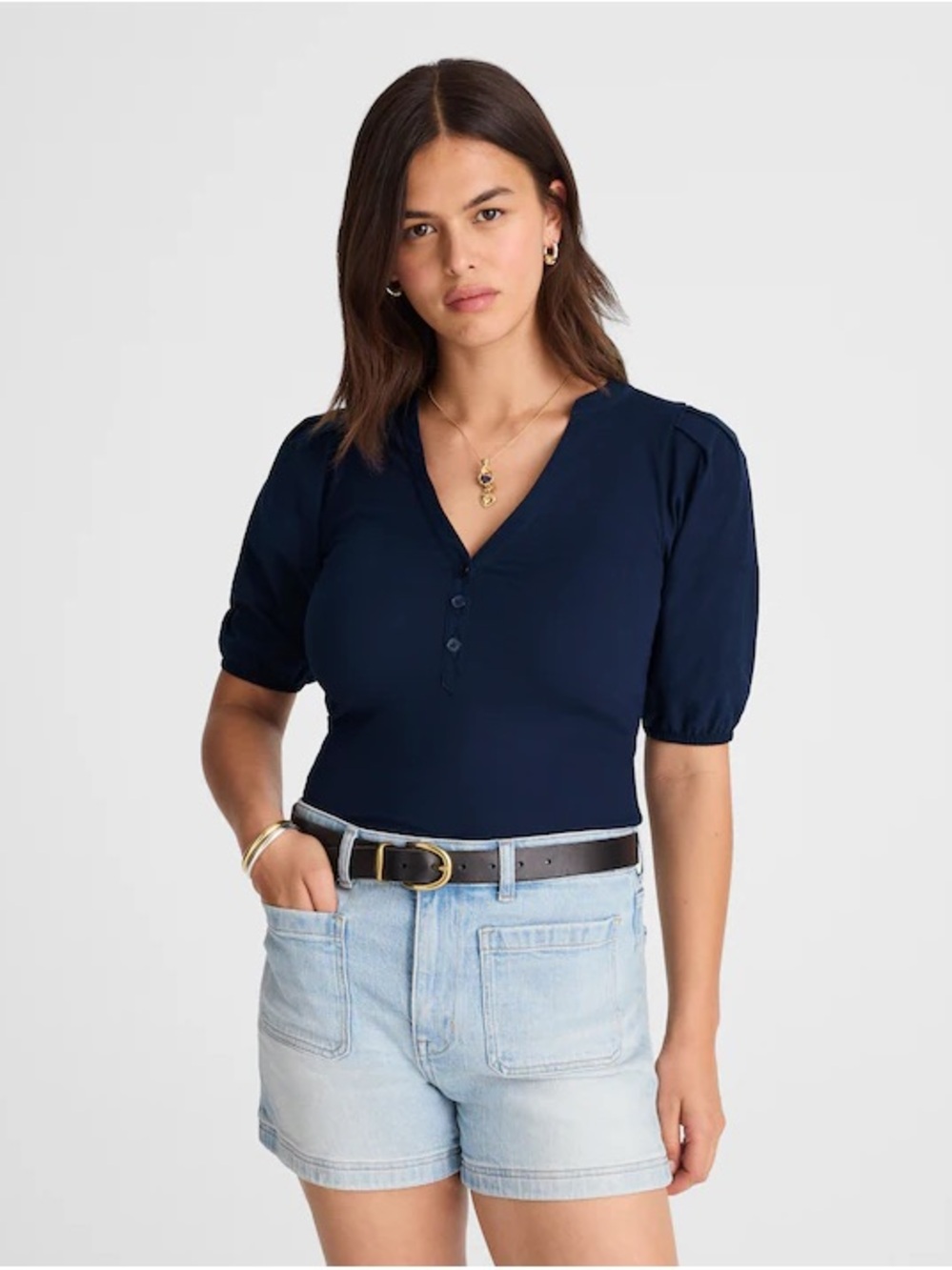 Madewell Puff-Sleeve Henley Knit Top - Picture 2 of 6